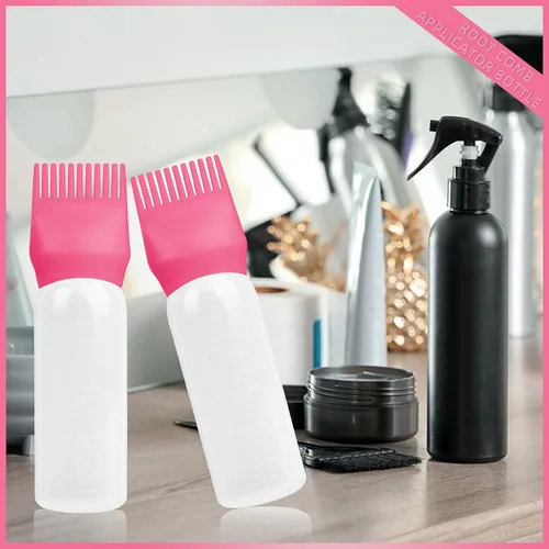 Vista 4 de Paquete de 2 herramientas aplicadoras de peine de raíces de 6 onzas, botella aplicadora de aceite para el cabello con dispensador de aceite