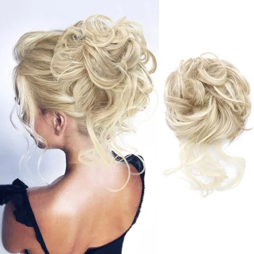 Vista 18 de KETHBE Moño desordenado, extensión de moños de pelo despeinado, banda elástica para el cabello, moño rizado para mujeres (negro)