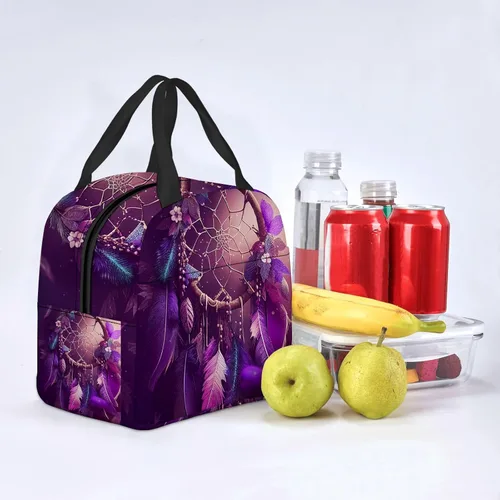 Vista 5 de OOZ Bolsa de almuerzo aislada para mujeres y hombres, atrapasueños con estrellas moradas, reutilizable, a prueba de fugas, linda lonchera