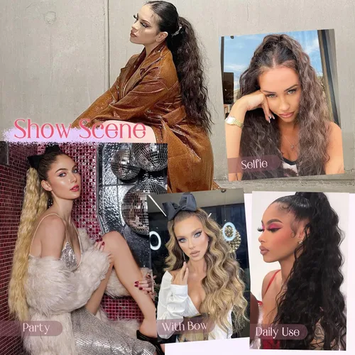 Vista 5 de HOOJIH Extensión de cola de caballo, extensiones de cabello con cordón para cola de caballo de 26 pulgadas de largo, pelo rizado y ondulado natural