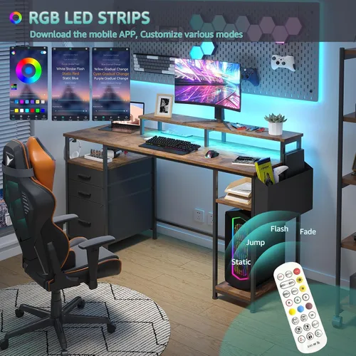 Vista 4 de Lufeiya Escritorios para juegos con luces LED y tomas de corriente, escritorio para computadora de estudio y escritura de 55 pulgadas con cajones