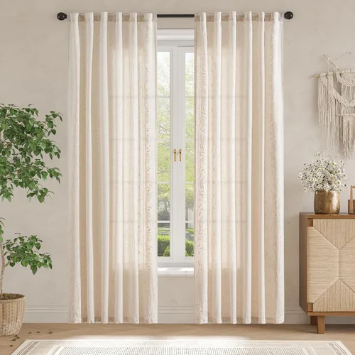 Vista 4 de jinchan Cortinas de lino floral marfil para sala de estar 84" pestaña