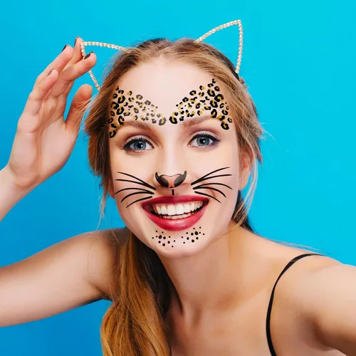 Vista 4 de Paquete de 6 tatuajes temporales de cara de leopardo feroz, kit de rayas realistas para nariz, bigotes y frente para Halloween, fiestas de disfraces