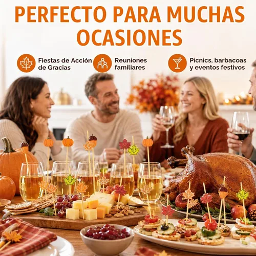 Vista 6 de 100 unidades de púas de cóctel de otoño de 12 cm, hojas, calabazas, bellotas, palillos de dientes decorativos elegantes de bambú, palillos