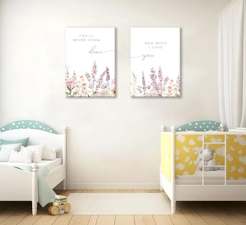 Vista 2 de 2 piezas de lienzo de flores silvestres para guardería, arte de pared, frases botánicas, pinturas bohemias para guardería, habitación de bebé