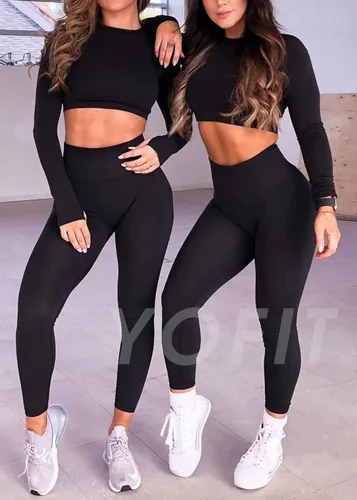 Vista 5 de YOFIT - Conjunto deportivo de 2 piezas leggings de yoga de cintura alta sin costuras y crop top con manga larga para mujer, juego de ropa