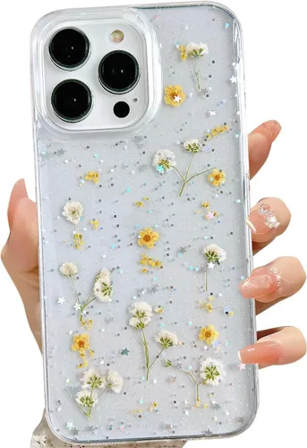 Vista 19 de LSEEKA Funda transparente para iPhone 11 con diseño de flores prensadas reales, linda y brillante, patrón floral rosa, funda protectora delgada