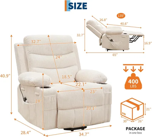 Vista 2 de Silla reclinable eléctrica para personas mayores con masaje y calor, reclinables eléctricos de gran tamaño, asiento de cine en casa con 2 portavasos