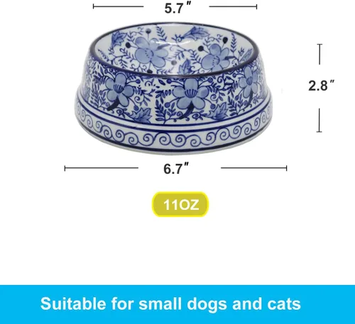 Vista 4 de Aimusego Plato chino de cerámica azul de 6.7 pulgadas para alimentos y agua para perros pequeños y medianos/gatos, tazón antideslizante de porcelana