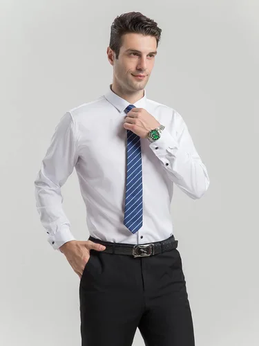 Vista 4 de Camisa de vestir para hombre, manga larga, ajustada, informal, con botones, color liso