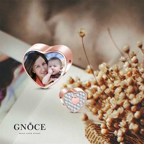 Vista 8 de GNOCE Custom Photo Charms Bead Heart Shaped Sterling Silver Personalized Charm With Cz fit Bracelet Necklace For Women Family Memorial Girls