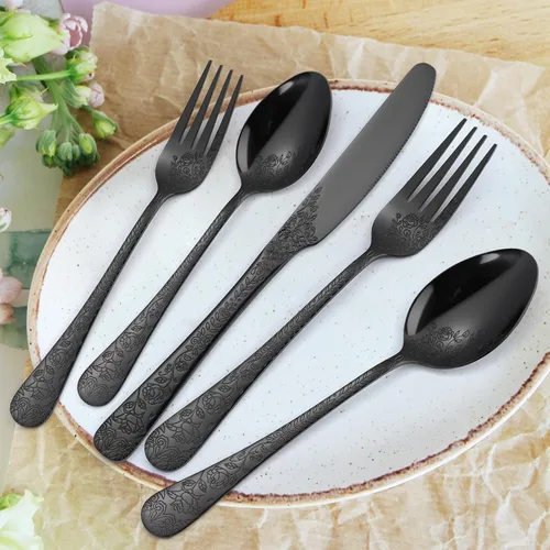 Vista 2 de Juego de Cubiertos Florales Negros para 6 Vajilla de Acero Inoxidable 30 Piezas Cubiertos Únicos Utensilios para Comer Vajilla Elegante Tenedor