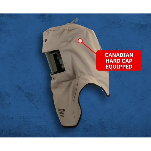 Vista 4 de Oberon Arc Flash Hood 40 Cal Incluye Capucha y Casquillo Duro Canadiense Serie CAT
