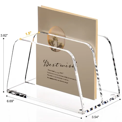 Vista 2 de SANRUI Organizador de correo acrílico para escritorio, soporte vertical para cartas, estantería transparente, 2 ranuras, clasificador de archivos