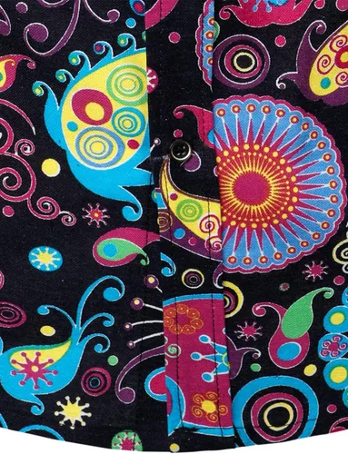 Vista 4 de LucMatton - Camisa de lino elegante con patrón tradicional estampado, manga larga y con botones para hombre
