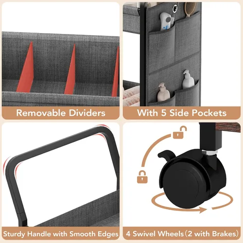 Vista 5 de BBLIKE Organizador de pañales de 3 niveles – Carrito de bebé utilitario rodante con cesta y bolsillos laterales para guardería y artículos