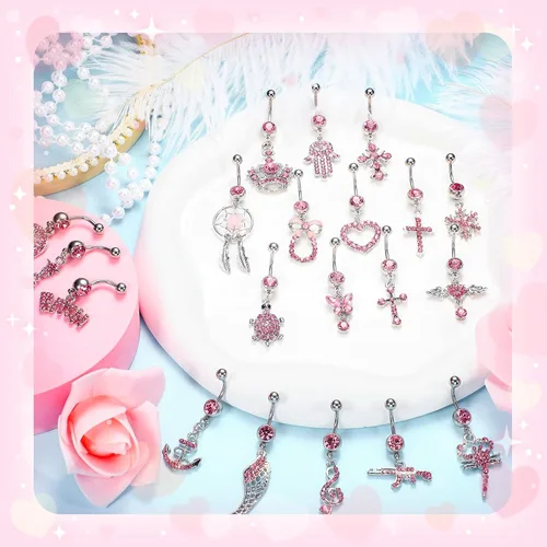 Vista 7 de Junkin 20 piercings colgantes para ombligo de acero quirúrgico 316L, circonita cúbica, piercing para el cuerpo, 20 unidades, 0.49 oz