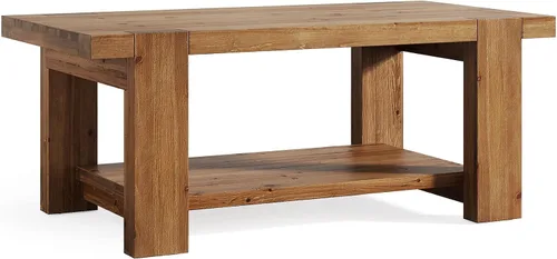 Vista 9 de Mesa de centro de madera maciza con estante de almacenamiento de 2 niveles, mesa central rectangular de granja de 47.2 pulgadas para sala de estar