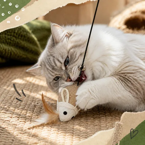 Vista 4 de Juguetes de varita de gato gatito, sisal con ratón, campana, pluma, cuerda elástica, palo de madera resistente, diversión interactiva, ratones