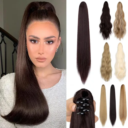 Vista 7 de Extensión de cola de caballo de 22 pulgadas y 24 pulgadas de largo, ondulado y lacio, extensiones de cabello sintético de aspecto natural