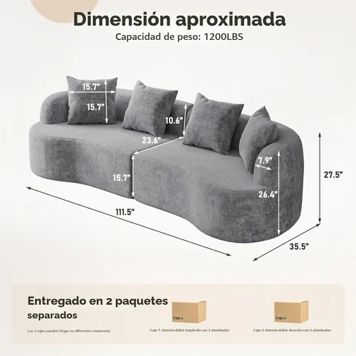 Vista 2 de Furnimart Sofás curvados de 112 pulgadas para sala de estar, sofá modular de felpilla moderno de 4 plazas con 4 cojines, sofá modular de felpa,