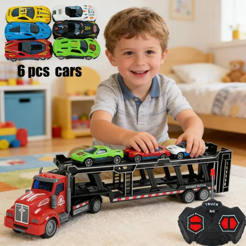 Vista 3 de Camión transportador de automóviles a control remoto incluye 6 coches, 14 pulgadas 1:48 de juguete transportador de automóviles semirremolque