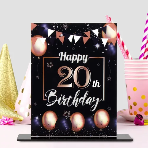 Vista 197 de LINGTEER Decoraciones de feliz cumpleaños número 11, 2 piezas de soporte de acrílico con impresión de pie rosa y azul, tablero de telón de fondo