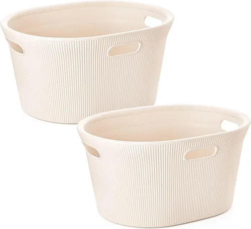 Vista 34 de Superio Colección acanalada - Cesto decorativo de plástico para ropa sucia con tapa y asas recortadas, azul (1 paquete) Organizador de cesta