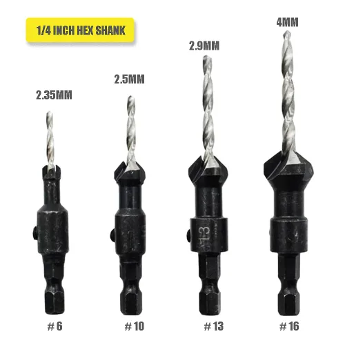Vista 2 de Juego de brocas avellanadas con vástago hexagonal de 1/4, HSS4241#6/10/13/16 con llave hexagonal para carpintería, accesorios de herramientas