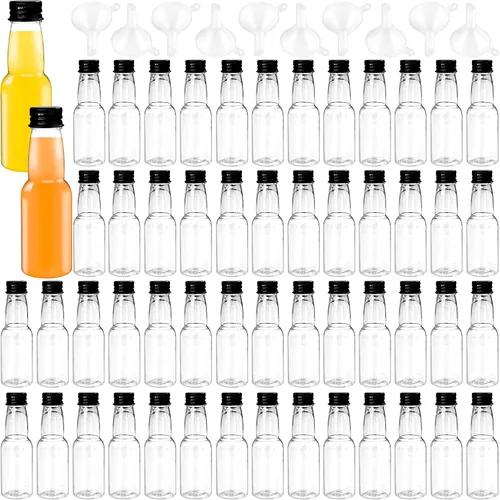 Vista 8 de Paquete de 30 mini botellas de licor de 1.7 onzas con tapa negra, botellas de alcohol de plástico con 10 embudos, botella de plástico hermética
