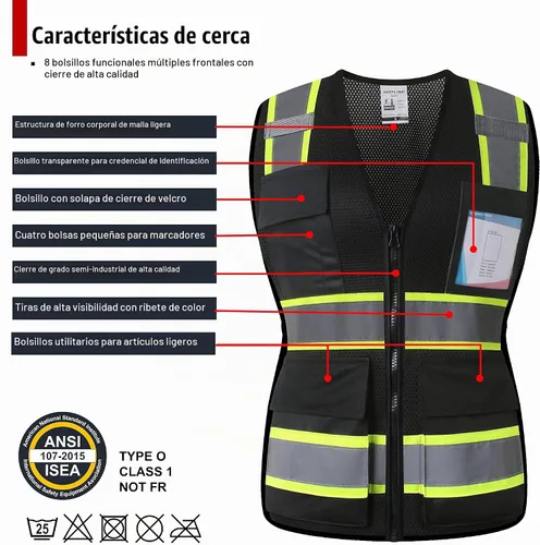 Vista 2 de Chaleco de seguridad para mujer, chaleco de alta visibilidad con 8 bolsillos y cremallera frontal, chaleco reflectante de malla que cumple