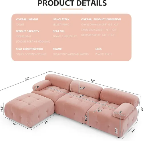 Vista 2 de DEINPPA Sofá modular modular de 93 pulgadas, sofá de terciopelo minimalista en forma de L, sofá convertible, muebles de sala para sala de estar