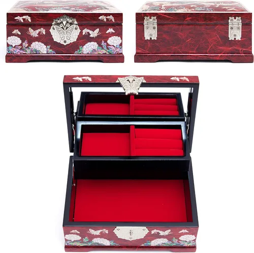 Vista 3 de MADDesign Mother of Pearl Joyero Anillo Espejo Tapa 2 Nivel Pavo Real Rojo