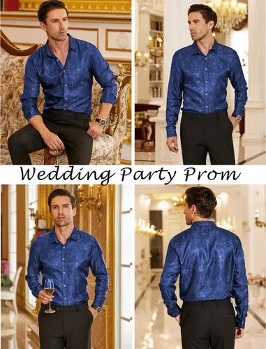Vista 2 de COOFANDY Camisa de vestir con estampado floral para hombre, camisas de manga larga con botones de cachemira para boda, fiesta, baile de graduación