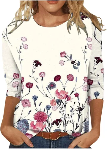 Vista 113 de Camisetas personalizadas para mujer, a la moda, casual, de séptima manga, estampada, cuello redondo, camiseta