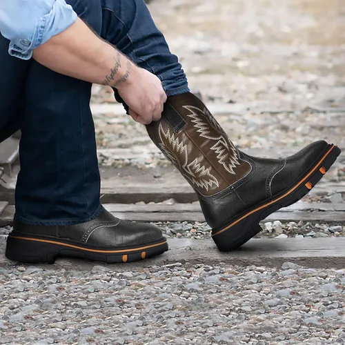 Vista 3 de RIBETRINI Botas vaqueras bordadas para hombre, botas vaqueras duraderas con punta cuadrada, tacón grueso, plataforma de piel sintética, botas