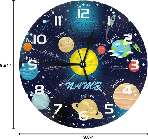 Vista 8 de Reloj de pared personalizado con diseño de planeta y galaxia para habitación de niños, reloj de pared personalizado con nombre de niño, regalo