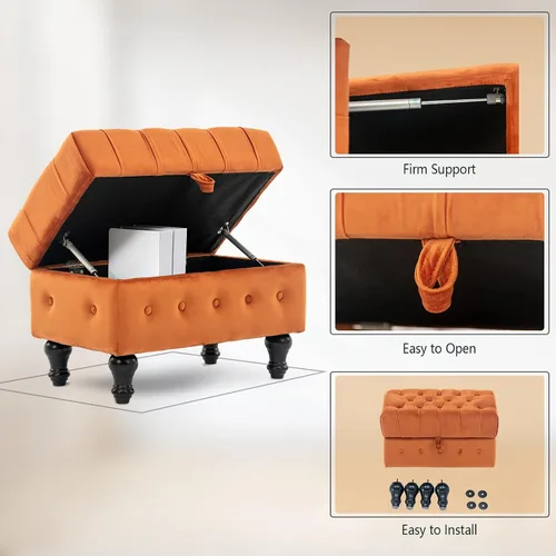 Vista 8 de Mesa de Centro Otomana de Almacenamiento Rectangular, Reposapiés Otomana de Dormitorio con Tapicería de Terciopelo Abotonado Capitoné para Sala