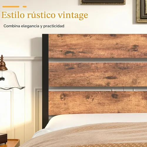 Vista 5 de VECELO Base de cama tamaño individual, plataforma de metal resistente con cabecera de madera, no necesita somier, color marrón antiguo