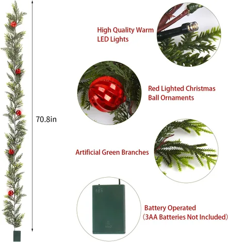 Vista 2 de CCINEE Guirnalda de Navidad de 6 pies con luces, guirnalda de Navidad artificial preiluminada con 20 luces LED, funciona con pilas, guirnalda