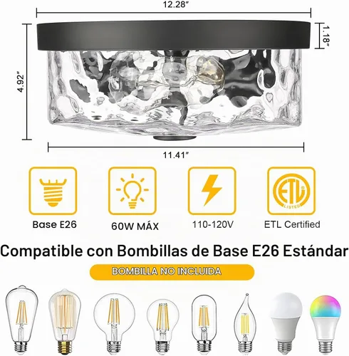 Vista 2 de Lámpara de techo empotrada con pantalla de vidrio ondulado de agua, moderna iluminación de techo de 2 luces para cocina, sala de estar, porche Negro
