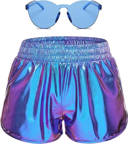 Vista 2 de Pantalones cortos metálicos para mujer con gafas, festival de música, baile, Halloween, disfraz de alienígena, cosplay, pantalones de cintura alta