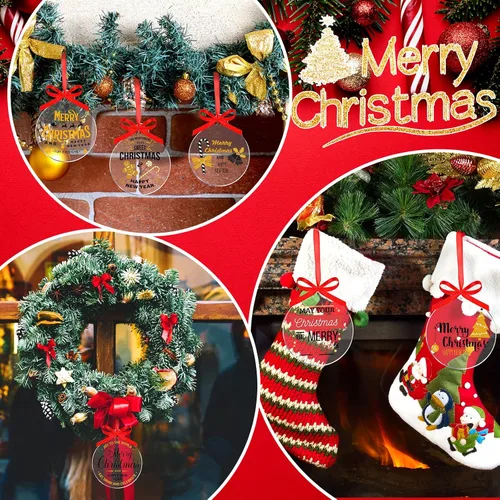 Vista 4 de Blulu 200 Piezas Adornos de Acrílico Transparente de Navidad con 4 Rollos de Cinta Roja DIY Blancos Círculo Acrílico Redondo Ornamento