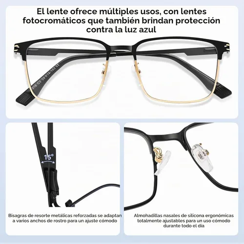 Vista 5 de Dollger Gafas de luz azul para hombre, rectángulo de metal, con bloqueo de luz azul, lentes fotocromáticos de moda para computadora negro dorado