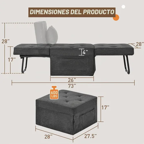 Vista 2 de Sofá Cama Convertible, Cama Otomana Plegable Multifunción 4 en 1 con Respaldo Ajustable, Moderna Silla Cama Extraíble para Sala de Estar Gris
