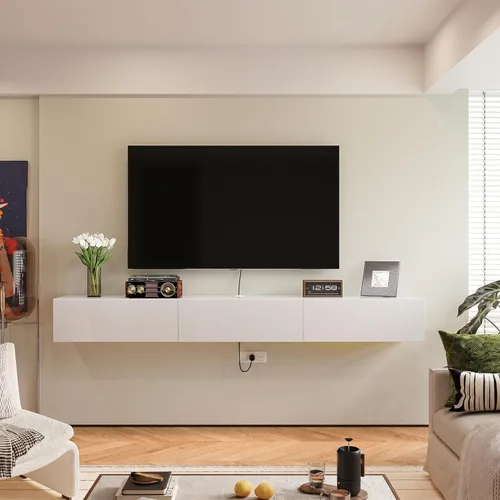 Vista 10 de FurniNova Soporte flotante para TV con 3 puertas, moderno mueble flotante para consola de TV con almacenamiento, estante flotante de madera Negro
