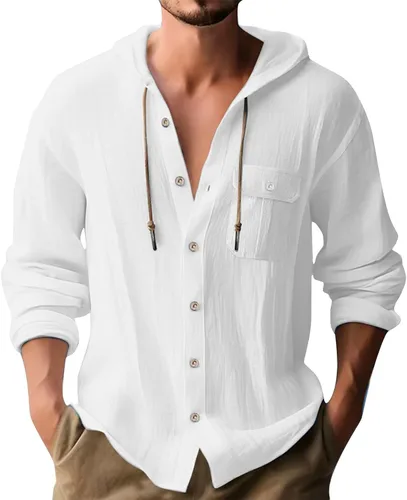 Vista 6 de Sudadera con capucha de algodón y lino para hombre, camisa de manga larga con botones, ligera, casual, para la playa, hippie, tops