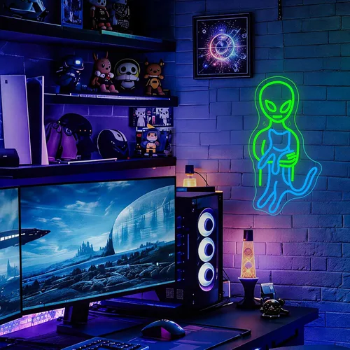 Vista 2 de Ineonlife Letreros de neón de alienígena verde, divertidos letreros de neón de gato alienígena para cueva de hombres, luz LED, decoración de arte