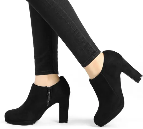 Vista 2 de Allegra K Botines de tacón grueso con plataforma y punta redonda para mujer