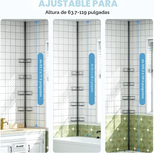 Vista 5 de Urackify Organizador de ducha esquinero con barra de tensión de 4 niveles Negro